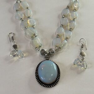 🆕 Natural Opalite Beaded Necklace with Pendant and Earrings in Sterling Silver